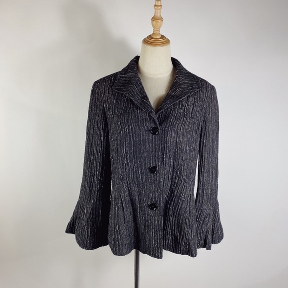 LAFAYETTE 148 Crinkle Linen Blend Flare Sleeve Black Cream Blazer Large